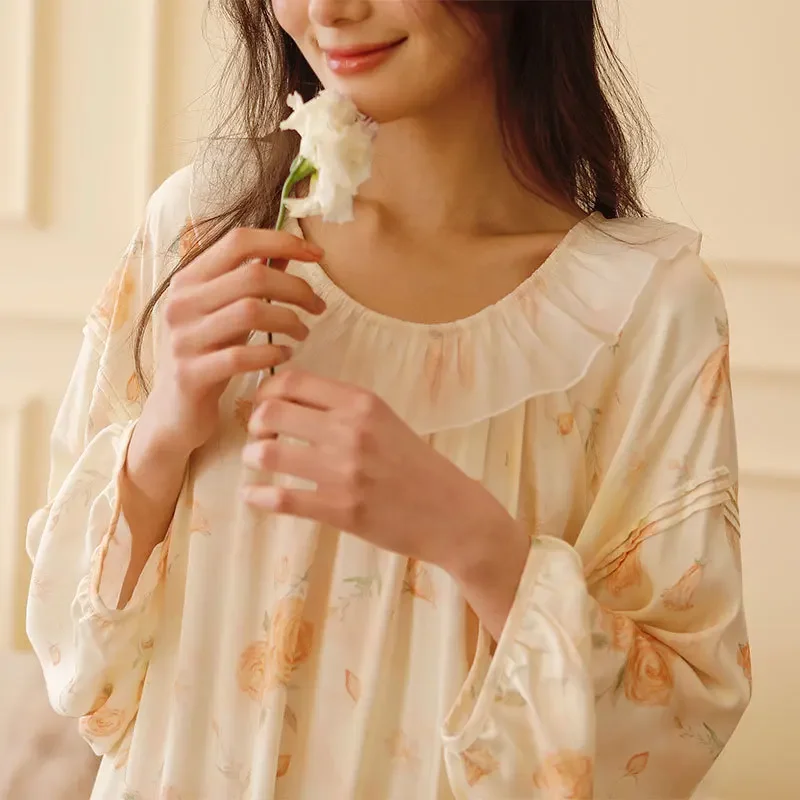 

Summer Loose Design Round Neck Nightdress Sweet Printed Full Sleeves Nightwear 100% Viscose Soft Long Style Mid-Calf Nightgowns