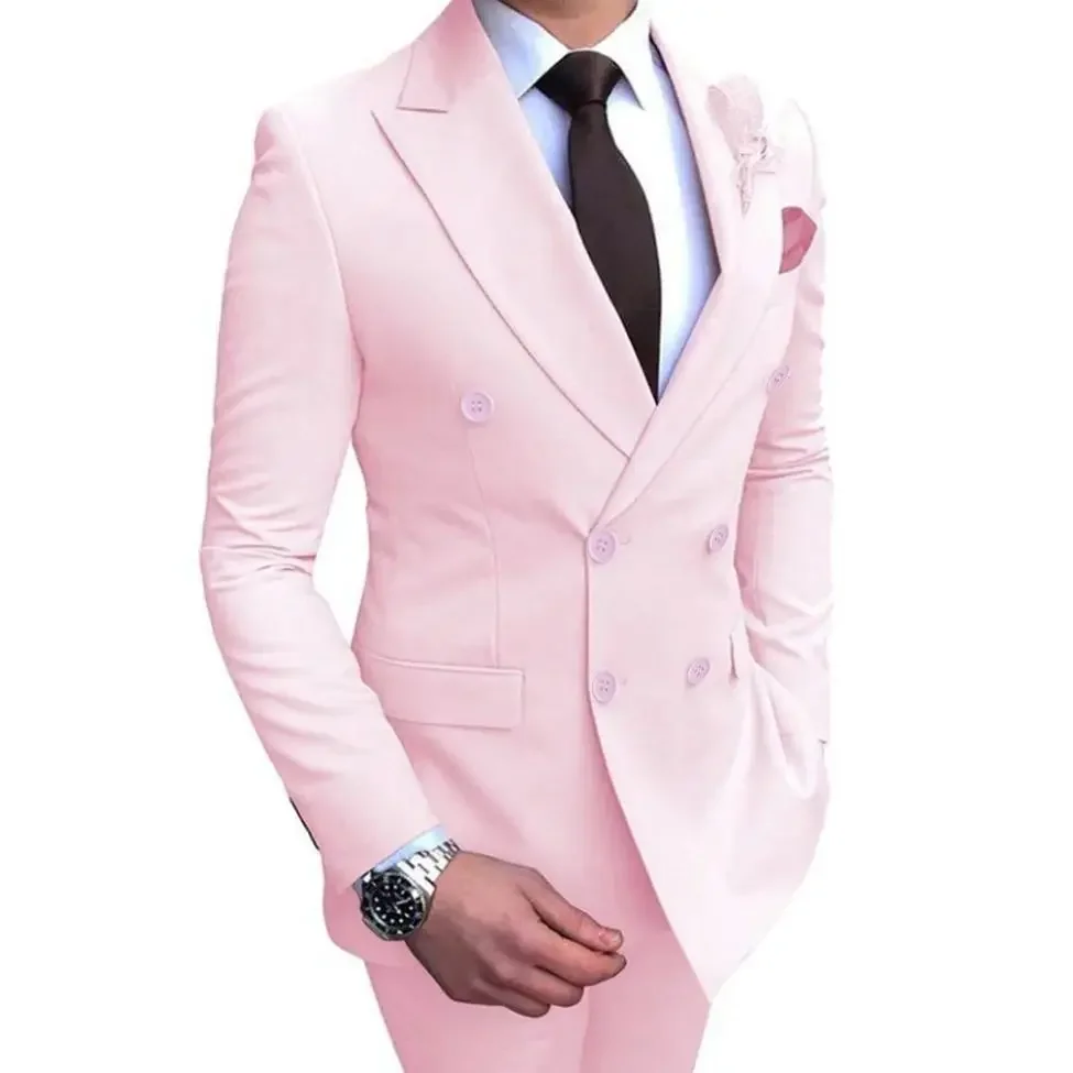 Elegant Pink Double Breasted Men Suit Two-pieces (Jacket+Pants) Formal Banquet Wedding Slim Fit Male Set