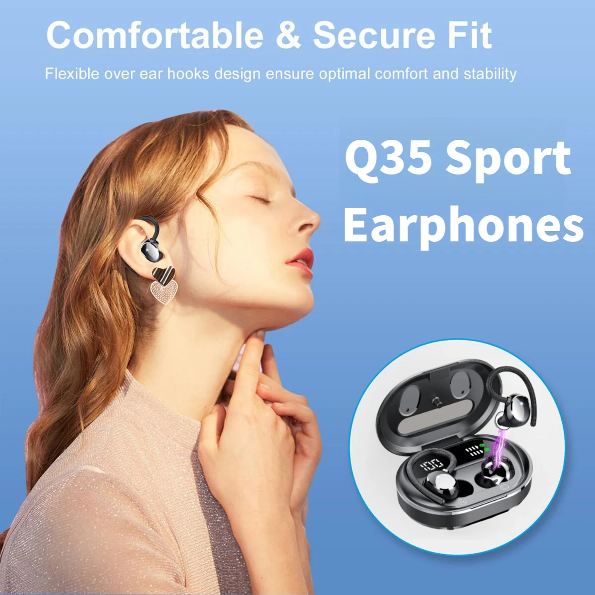 

Fashion Q35 Ear-Hook Sport Bluetooth Earbuds IPX5 Waterproof Noise Reduction Low Latency LED Display Long Battery Life for Music