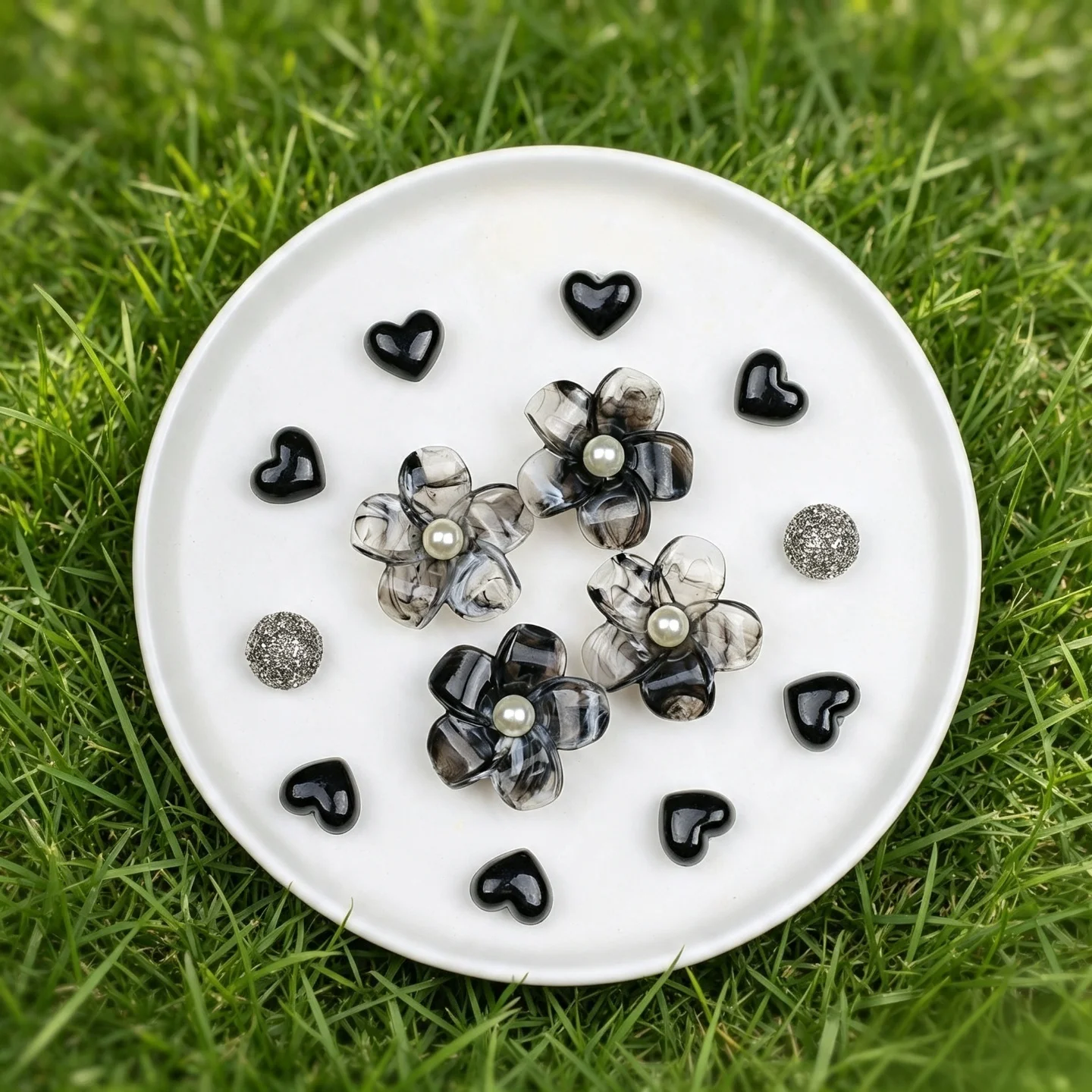 PVC Ink‑Wash Flower & Black Heart Shoe Charms DIY Accessories for Hole Clog Sandals Gift for Teen Girls Women Home Party Decor