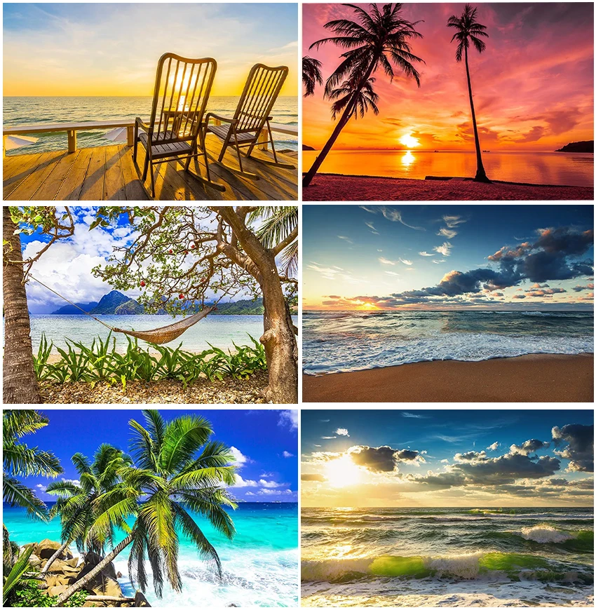 Summer Sunset Seaside Tropical Hawaii Backdrops Photographic Palm Clouds Ocean Backgrounds Birthday Holiday Decorations Party