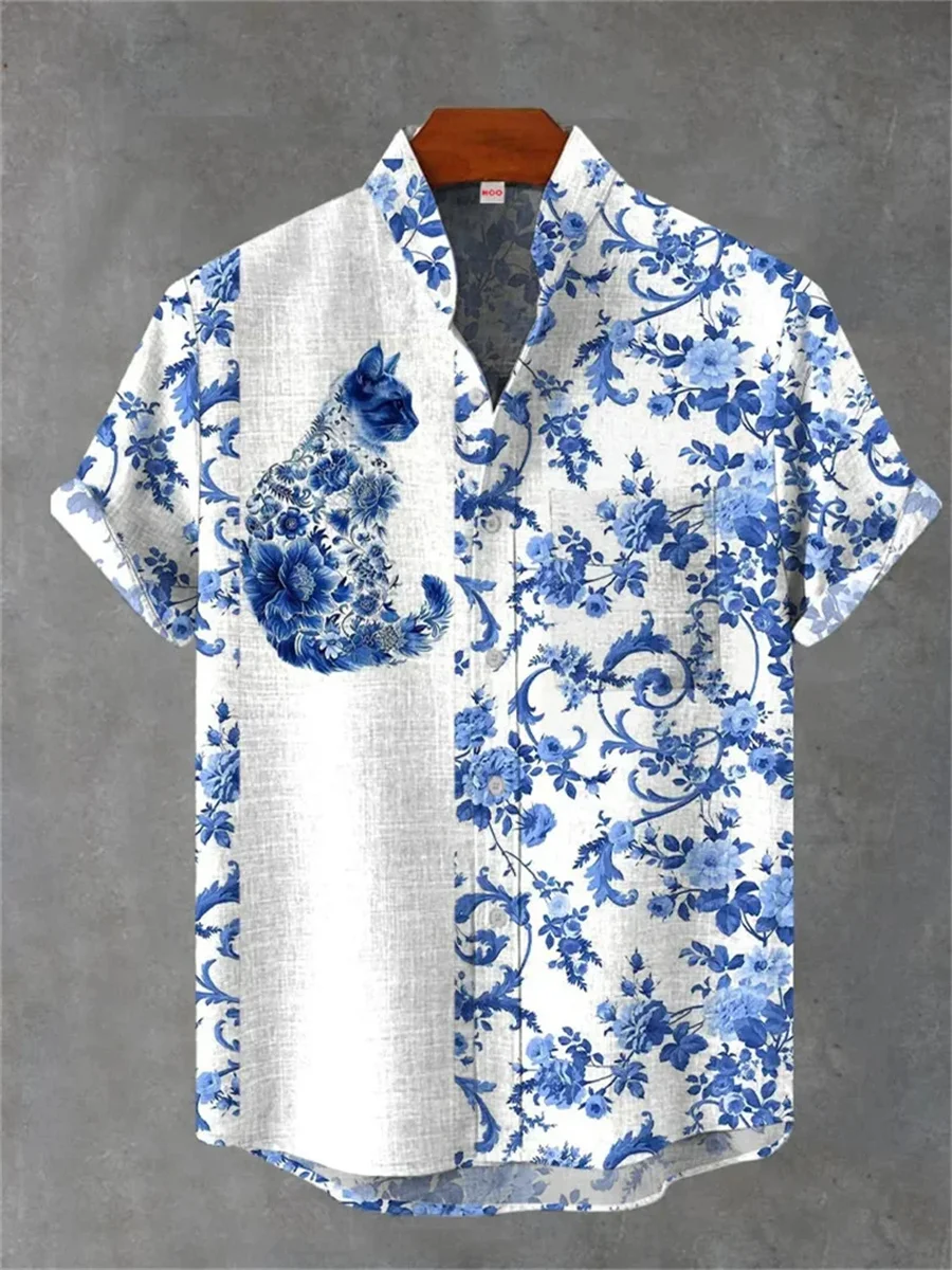 Summer Fashion Men's Linen Short Sleeve Shirt Retro Animal Tiger Print Street Casual Daily Men's Shirt Tops Hawaiian Shirt Men