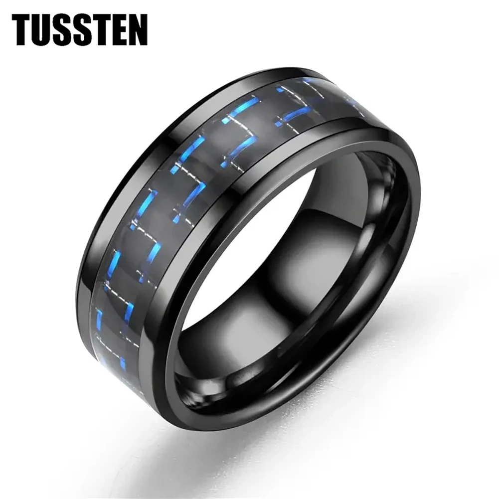 

Dropshipping TUSSTEN 6/8MM Men Women Tungsten Wedding Band Black Blue Carbon Fiber Inlay Shiny Bevel Edges Comfort Fit