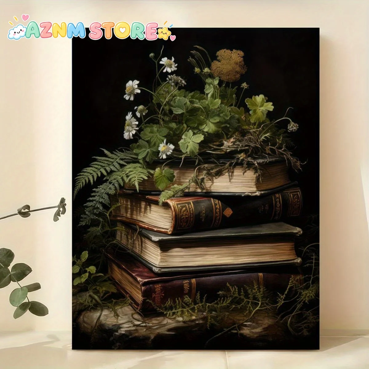 2D Flat 2027   Canvas Art Print Depicting an Enchanted Forest And Magical Books – a Dark Academia Victorian Gothic Decoration