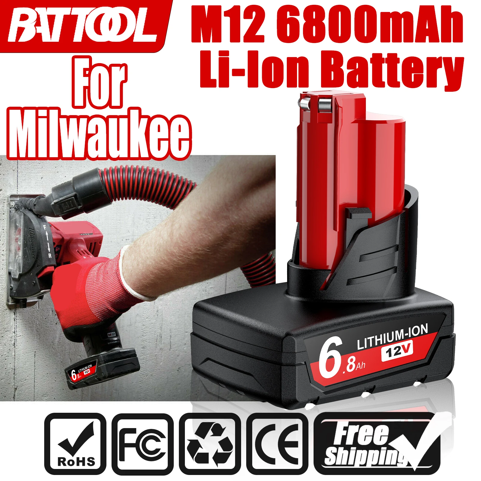 BATTOOL 12V 6800mAh Li-Ion Akku Für Milwaukee M12 48-11-2402 48-11-2411 Batterien 48-11-2401 MIL-12A-L Akku-Werkzeug Akku