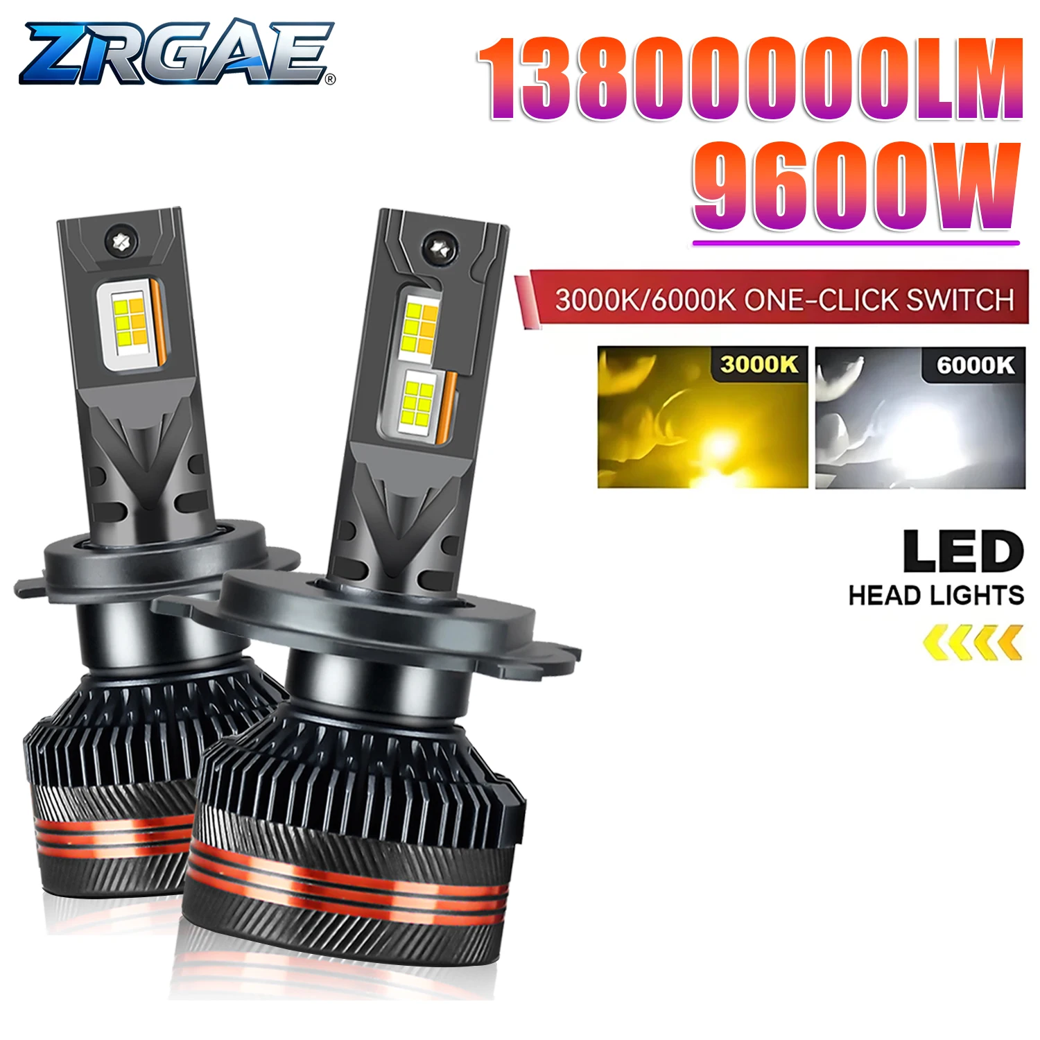 2 Peças de Faróis LED Tricolor H7 H4 H8 H9 H11 9600W de Alta Potência com Ventilador de Resfriamento H1 9005 9006 HB3 HB4 9012 Hir2 6000K 4300K 3000K 12v