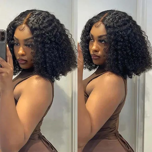 Imagen 2 del producto Peluca rizada Frontal de encaje con ondas de agua naturales 13x4, pelucas de cabello humano Frontal transparente, peluca corta prearrancada de 16 pulgadas para mujeres