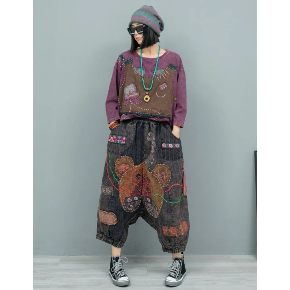 Heavy Industry Hand Embroidered Old Cloth Long Sleeve T-shirt + Big Crotch Pants Two Piece Set Women 2024 Autumn Pant Set ZF315