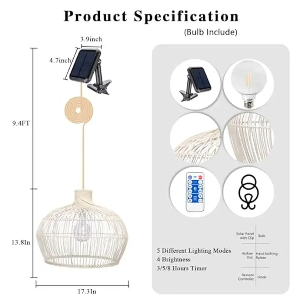 Outdoor Solar Hanging Lantern Boho Rattan Pendant Light with Remote Control Weather Resistant Solar Chandelier 4 Modes & Timer