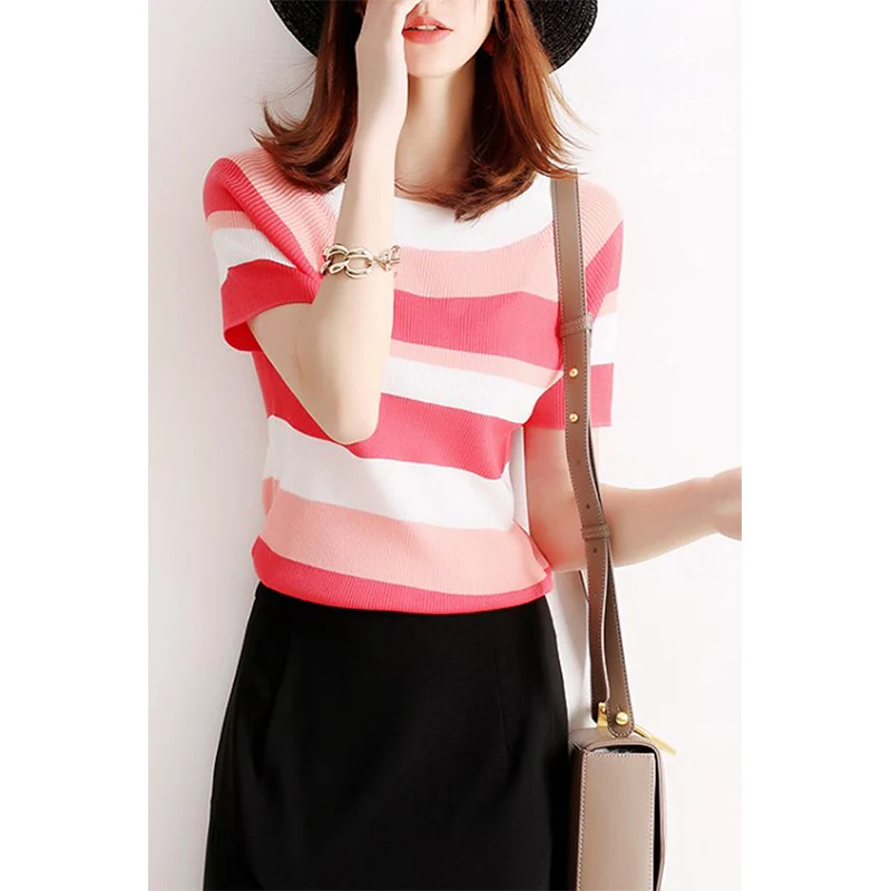 

Rainbow Stripes ort Sve Knitted T-irt Women's Faion Top round Ne Commute Sle Spring Summer Slim Fit Inner Wear