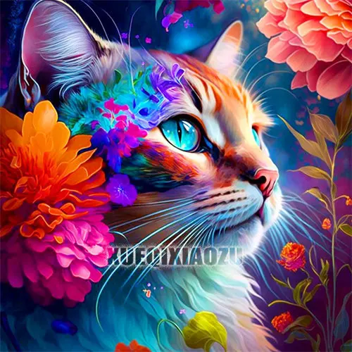 30*30CM Full Round Diamond Painting Psychedelic Rainbow Fluffy Cat Portrait Floral Art DIY Handmade Diamond Art Kit, Lovely Anim