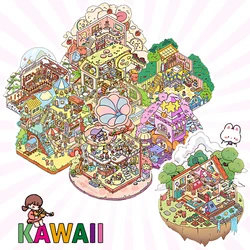 2.5D Cartoon SkyCity Landscape Sticker Cabin Scene DIY Sticker Stacking Pasting Festival Birthday Gift for Kid Child