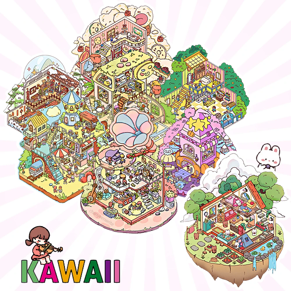 2.5D Cartoon SkyCity Landscape Sticker Cabin Scene DIY Sticker Stacking Pasting Festival Birthday Gift for Kid Child