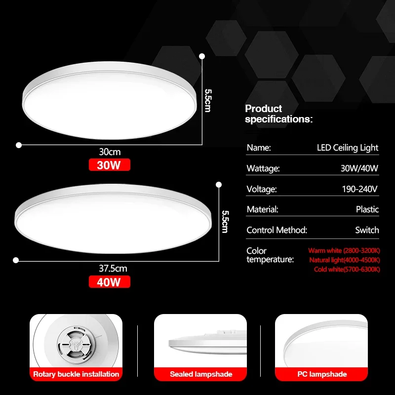 Round LED Ceiling Lights for Living Room Bedroom Kitchen AC 220V 30W 40W Ceiling Lamps Lights Fixture for Ceiling Home Lighting