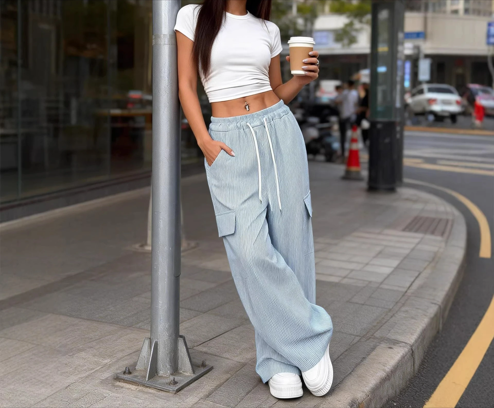 

2026 New Striped Blue Versatile High-waisted Loose Drawstring Wide-leg Overalls Trousers