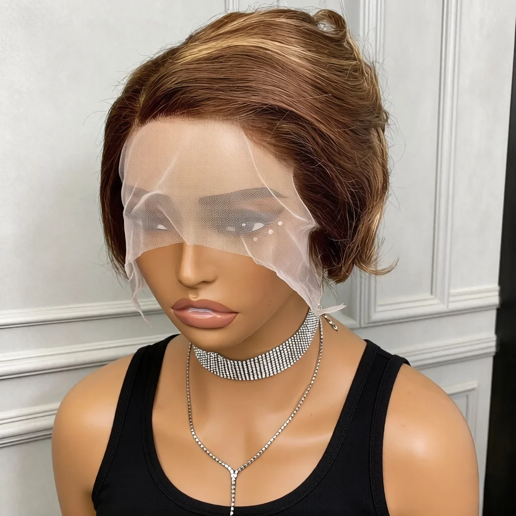 Hightlight Pixie Cut Wig P427 13x1 Lace Front Human Hair Side Part Straight Wigs Short Bob Wig For Women