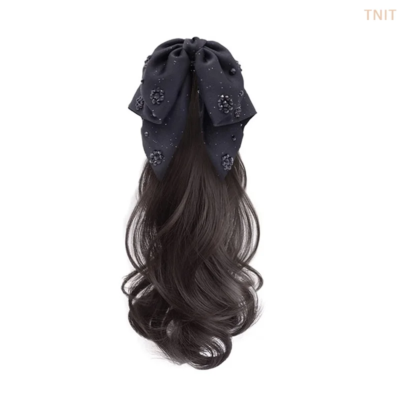 

[J] Synthetic Wigs Simulated Ribbon Bowknot Puffy Curly Grab Clip Ponytail Wig Women Headwear Extensions 40CM