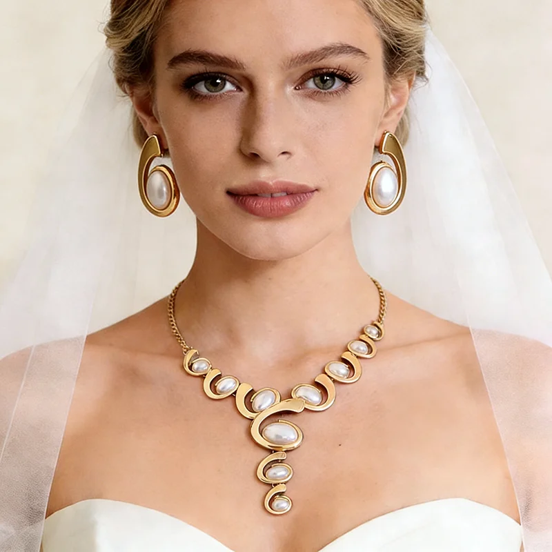 2 Pcs Oval Imitation Pearl Pendant Necklaces for Women Personality G-letter Shaped Acrylic Earrings Wedding Collection Set A