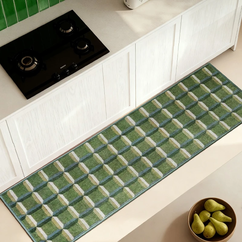 Kitchen Carpet Non-slip Waterproof Stain-resistant Floor Mat Retro Green Checkered Rug Long Strip Home Decoration Foot Mats 양탄자