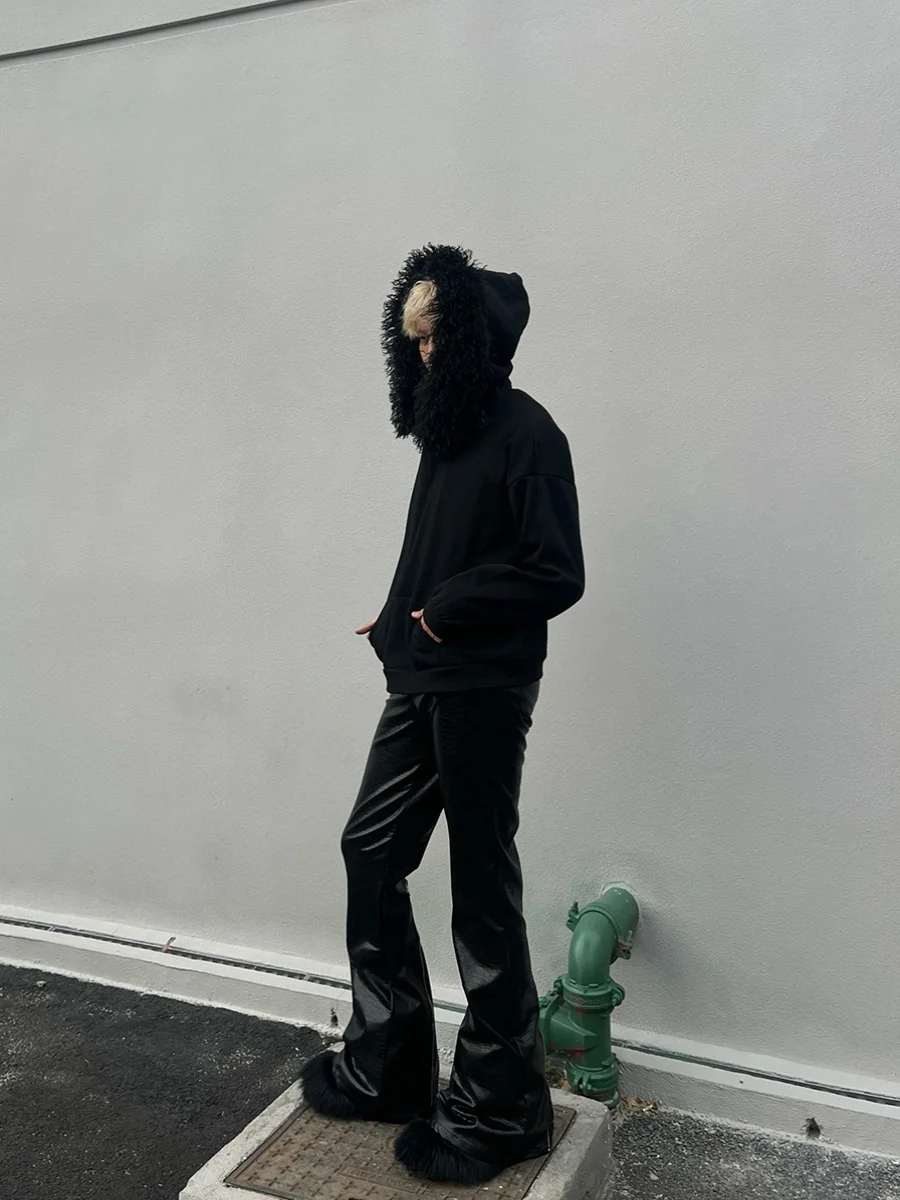 Niche Designer Style Rits Lage Taille Lange Pijpen Dweilen Donkere Leren Broek