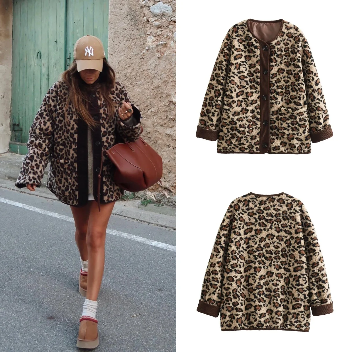 PB&ZA 2024 early autumn new women\'s fashion round neck retro single-breasted long-sleeved leopard print lamb wool coat