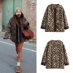 PB&ZA 2024 early autumn new women's fashion round neck retro single-breasted long-sleeved leopard print lamb wool coat