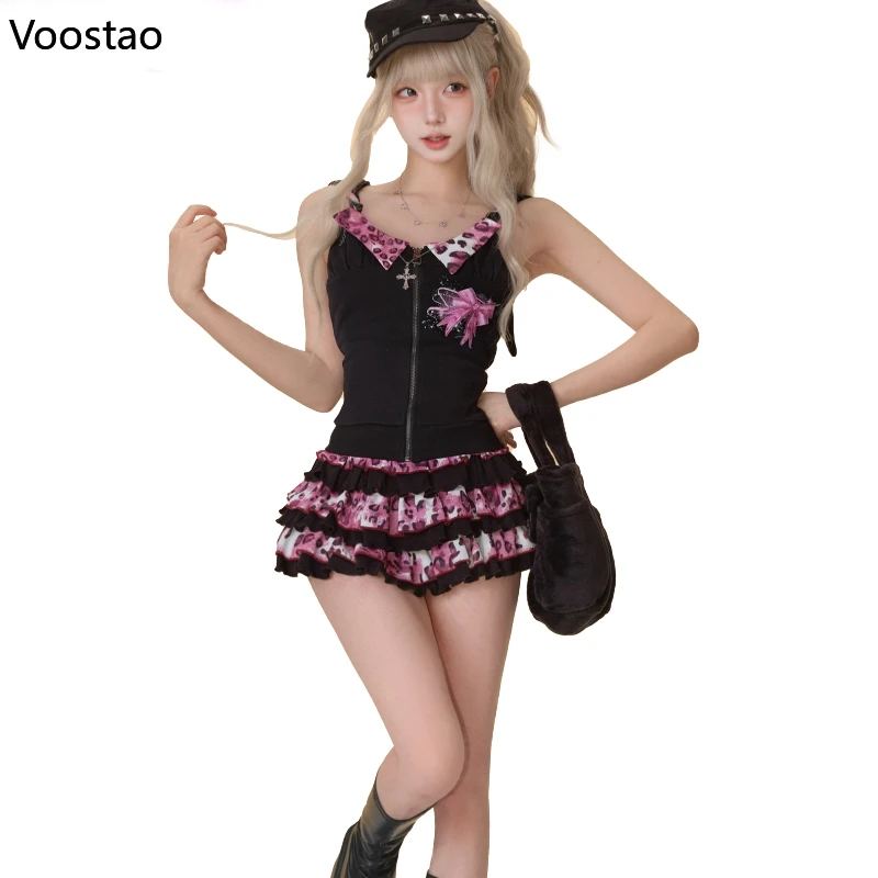 Y2k Aesthetic Sexy 2 Piece Sets Spice Girls Vintage Bow Zipper Vest Top Mini Cake Skirts Suit Korean Women Gothic Lolita Outfits