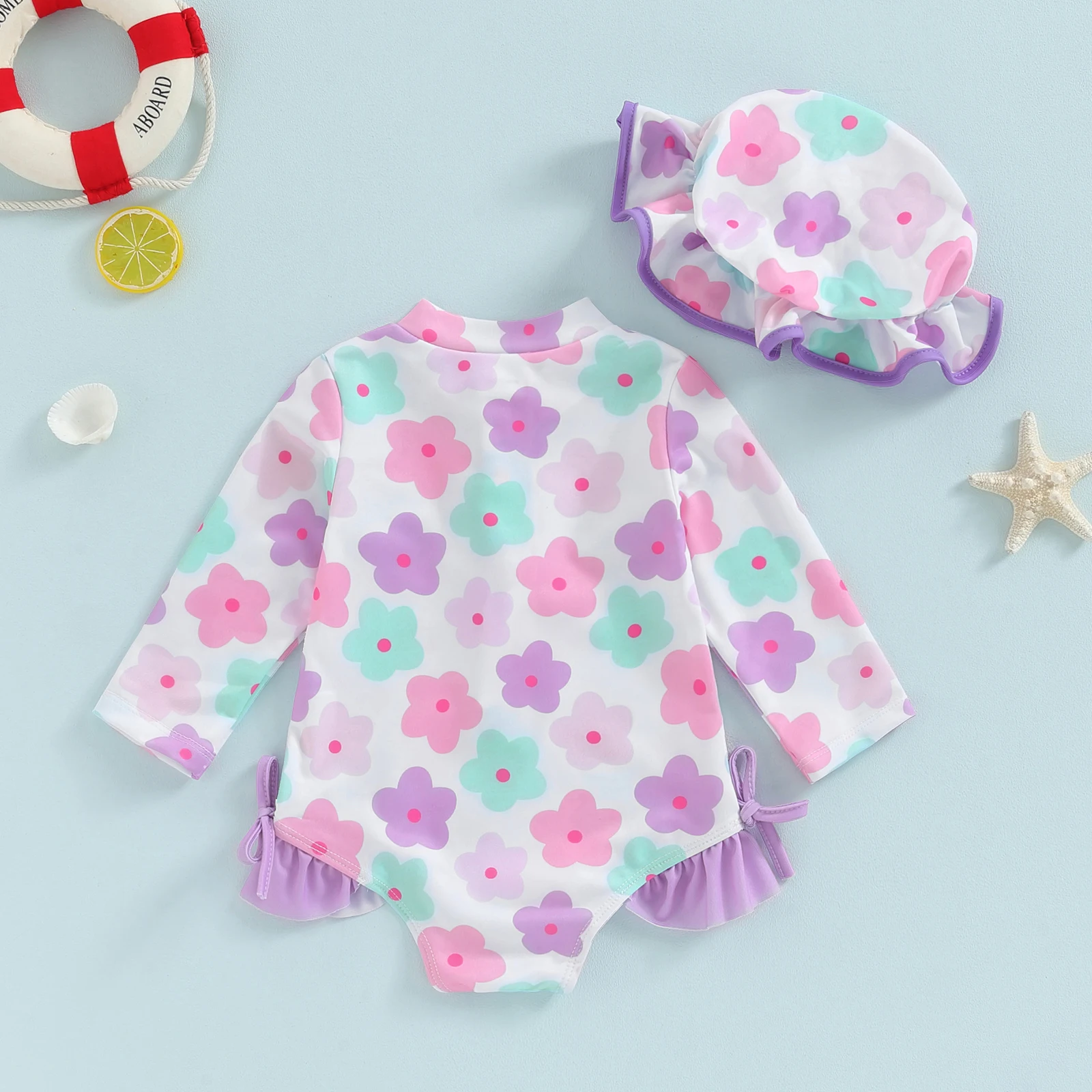 Baby Girls Floral Print Long Sleeve Swimsuit with Cap 3