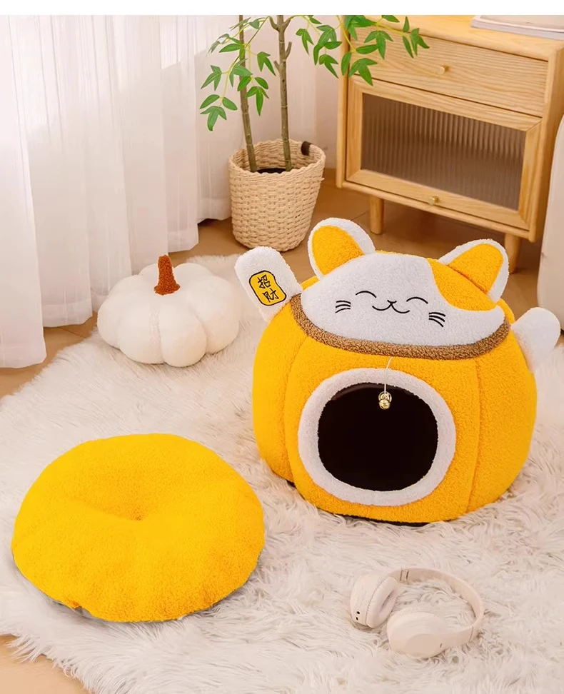 Winter Insulated Enclosed Flocked Round Pet Bed for Cats and Dogs Fashion Cat Nest Wholesale Cartoon Cat Bed - view 6