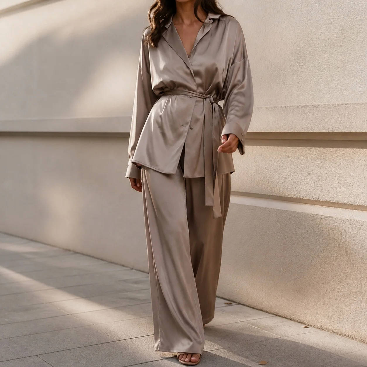 Women's Satin Long Sleeve Pajama Set – Breathable Stretch Collarless Home Hotel Outdoor Wear, European Style Medium Weight