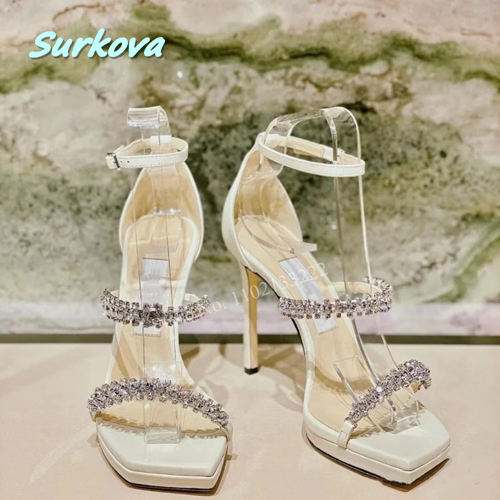 Silver Liquid Metal Sandals With Crystal Straps Solid Women Stiletto Leather Sole Square Toe Fashion Daily Party Commuting Shoes