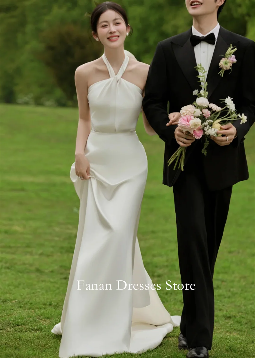 FANAN Korea Sheath Halter Neck Silk Satin Ruched Photography Wedding Dresses 웨딩드레스 Ivory Customized Pretty  Bride Dress