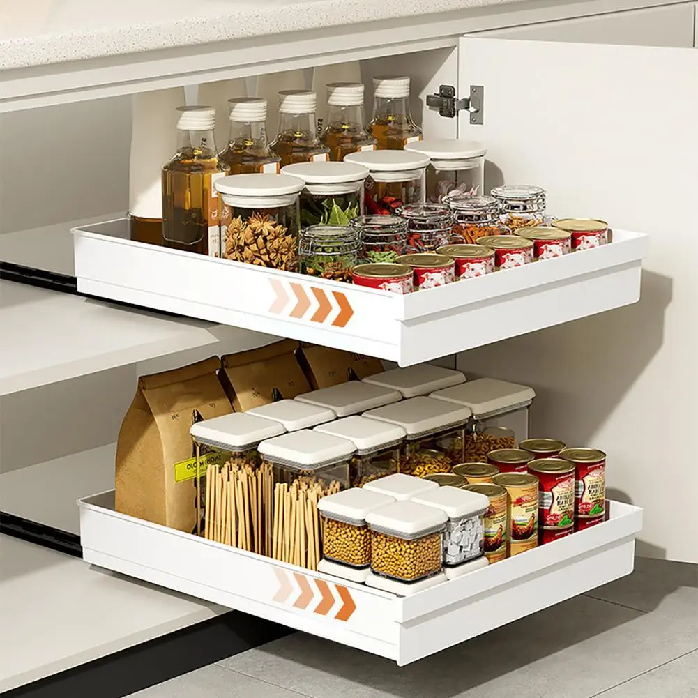 Cabinet Basket with Heightened Guardrail Secure Storage Basket Pull-out Kitchen Storage Rack with Guardrail Smooth for Pantry