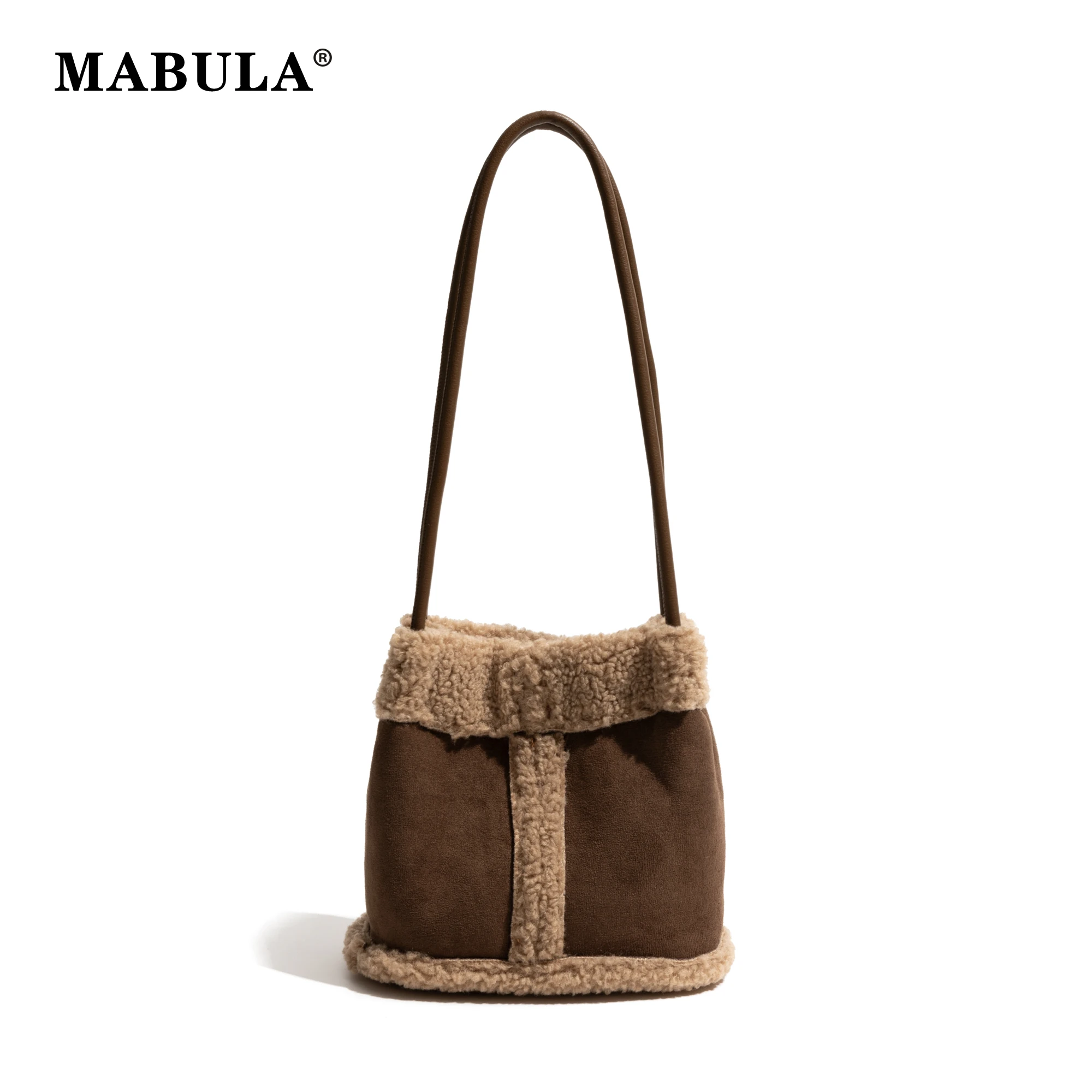 MABULA Winter Patchwork Bucket Handbag Lamb Fabric Large Capacity Stylish Women's Soft Shopping Bag Simple Ladies Commuter Purse