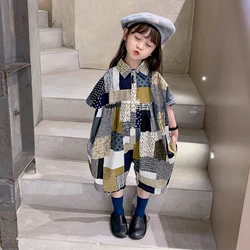 Children Resort Beach Overalls Girls Korean Style Summer Jumpsuit Fashionable Sweet Turn Down Collar Splicing Loose Jumpsuit