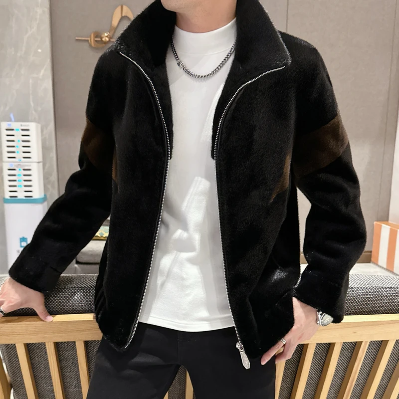 High-End Men's Winter Men's Jacket Thick Stand Collar Faux Fur Coat Imitation Fur Western Style Single-Layer Fleece-Lined Leathe