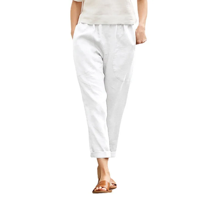 Damenhose aus Baumwolle und Leinen, einfarbig, atmungsaktiv, leicht, elastische Taille, modisch, schlichter Stil, lässige Hose mit geradem Bein – Detail 16
