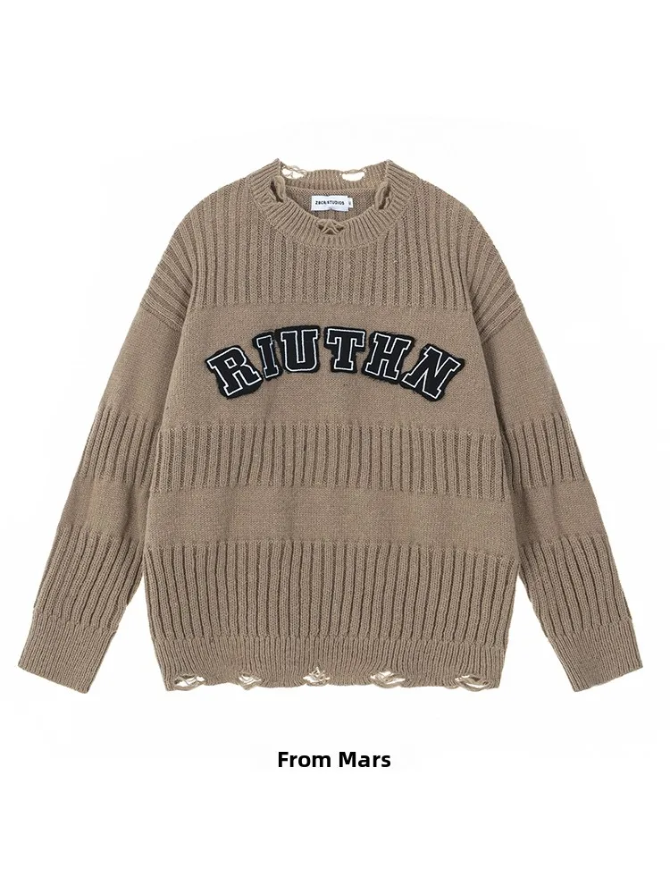 

Из Америки вязаный свитер с вышивкой в стиле ретро, круглый вязаный свитер Ne Hole Punching, повседневный длинный свек, осенне-зимний топ