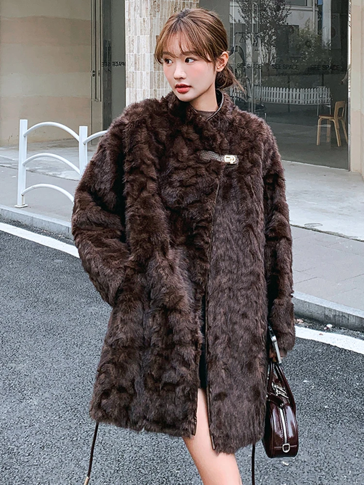 LANMREM Vintage Style Fur Jackets Women\'s Stand Collar Belt Gathered Waist Mid Length Coat Fashion Winter New Clothing 2VV1805