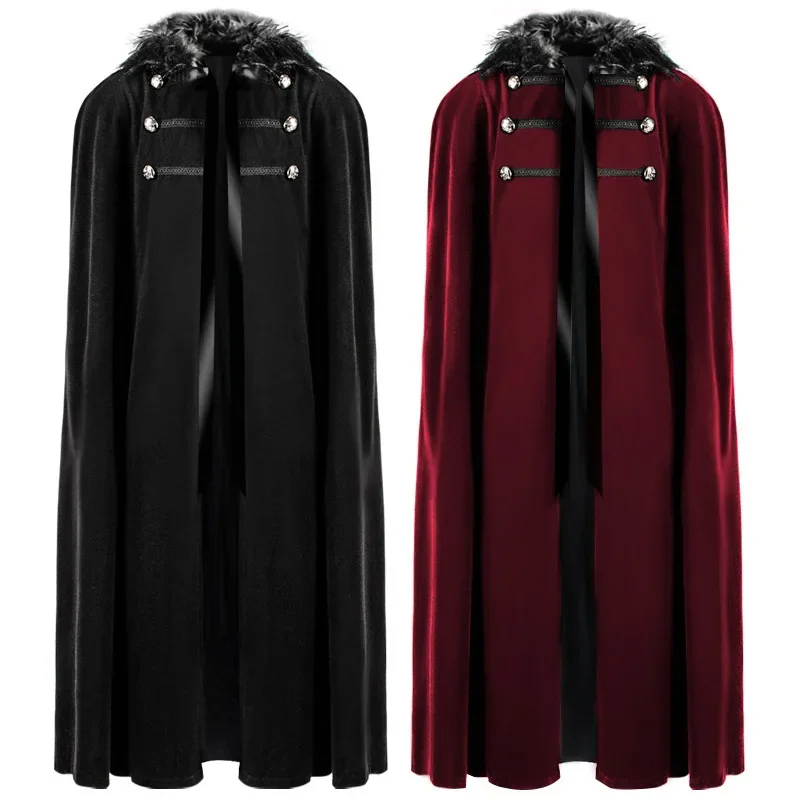 

New Halloween Coat Retro Solid Color Fur Collar Punk Cape