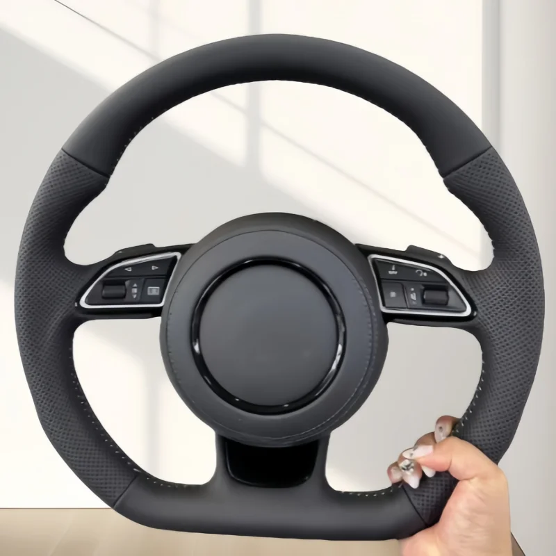 Leather Car Steering Wheel Black For Audi A3 A4 A5 A6 A7 Q3 Q5 Q7 With Paddle Shifters Flat Bottom Steering Wheel Accessories