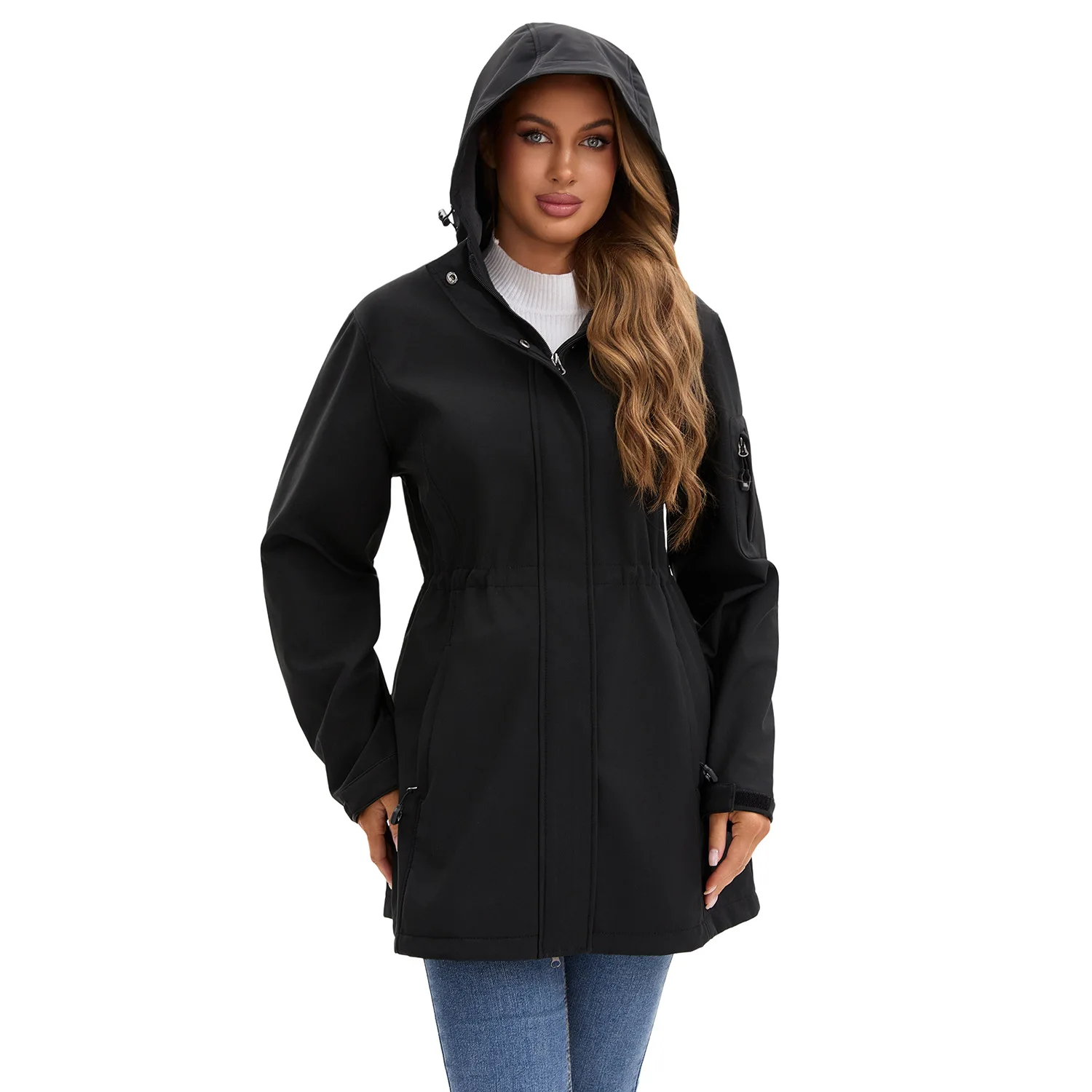 Women's Hooded Trench Coat Spring Autumn Fitted Solid Color Jacket for Daily Outdoor Camping Hiking