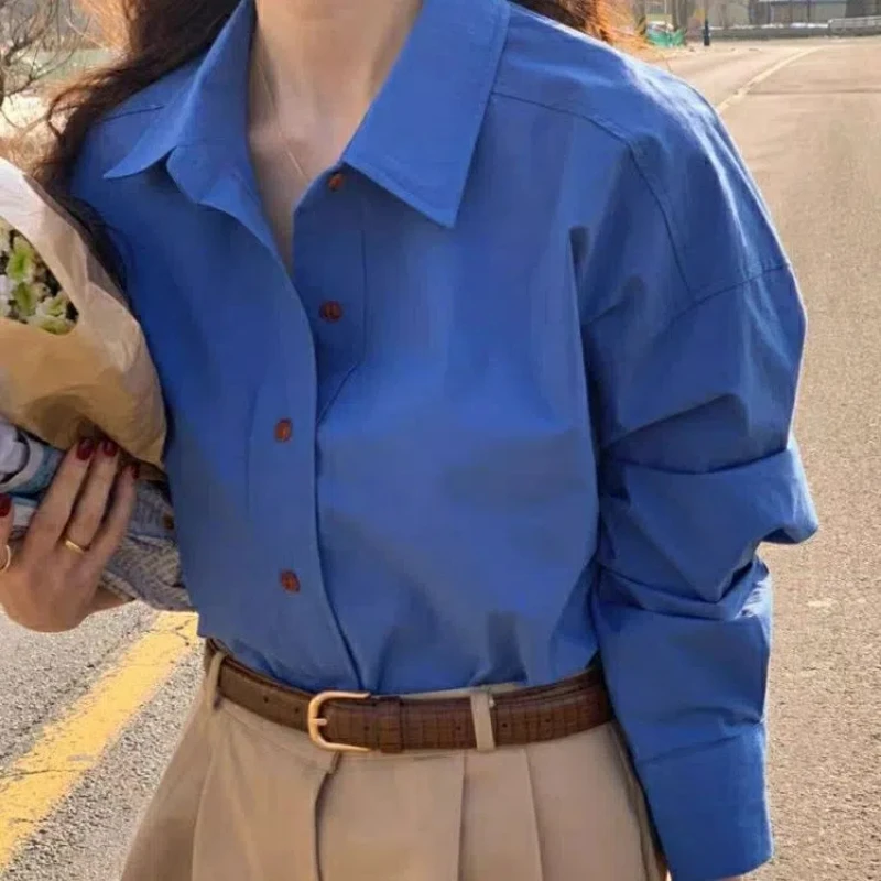 Spring Autumn New Style Lapel Long Sleeved Blouses Women's Clothing Western-style Solid Color Simple Baidu Button Korean Shirts