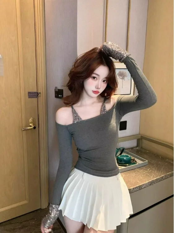 

Sexy Slim Fit Long Sve oulder Bared Glitter T-irt Women's High Waist Faionable Winter New Korean Sle Top