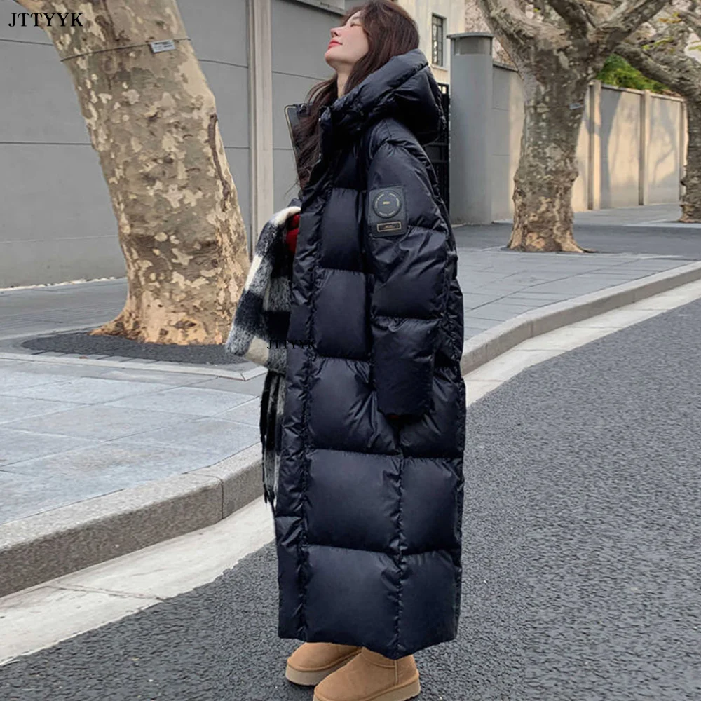 2024 Winter Jacket Women Long Hooded Cotton Padded Coat Bright Thick Warm Black Puffer Jacket Korean Fashion Parka Snow Coats