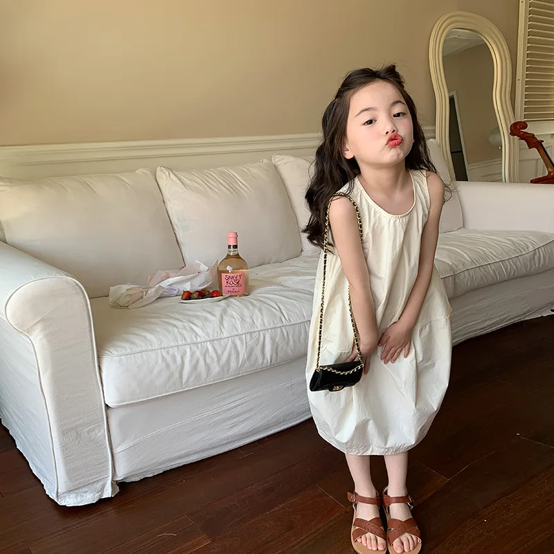 Модный нишевый дизайн, жилет с чувством темперамента, длинные детские однотонные платья без рукавов с разрезом в виде кокона