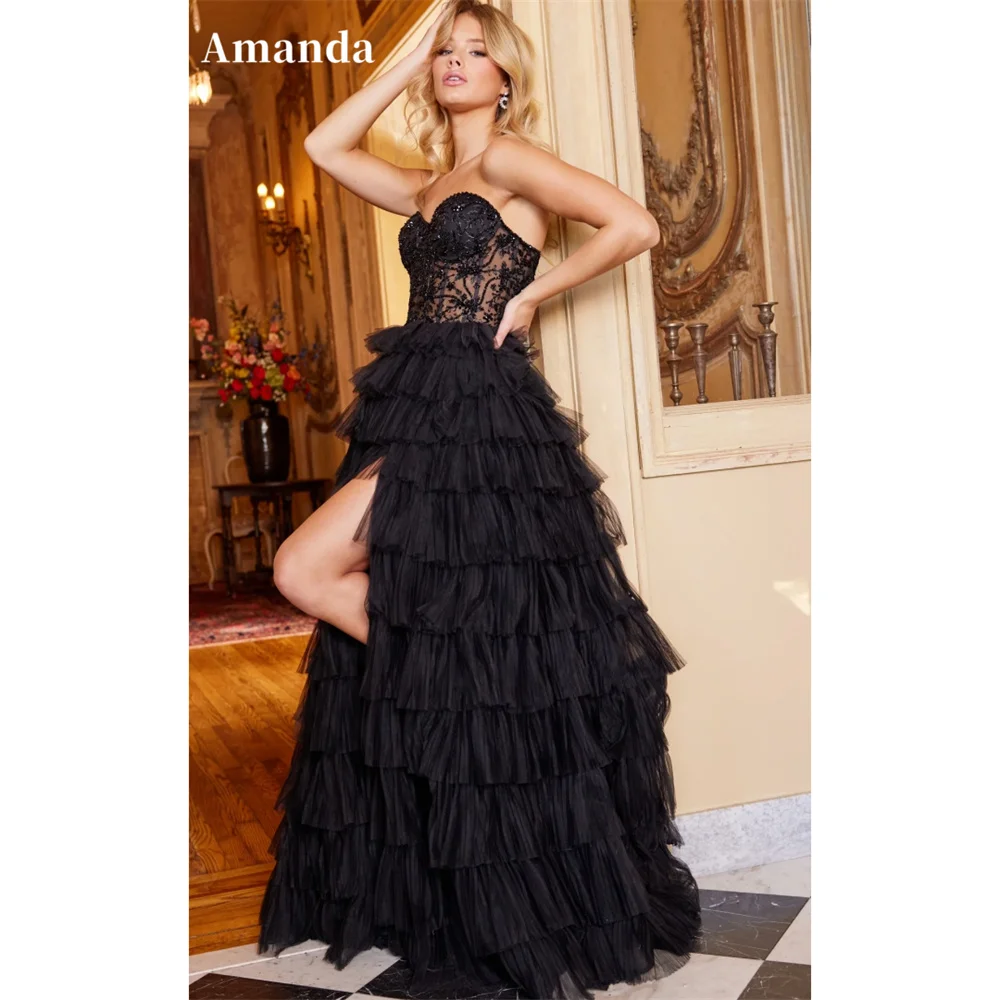 

Amanda Индивидуальные черные многослойные плиссированные платья трапециевидной формы для выпускного вечера с иллюзией и блестками, платья de noche, вечернее платье с высоким разрезом по бокам