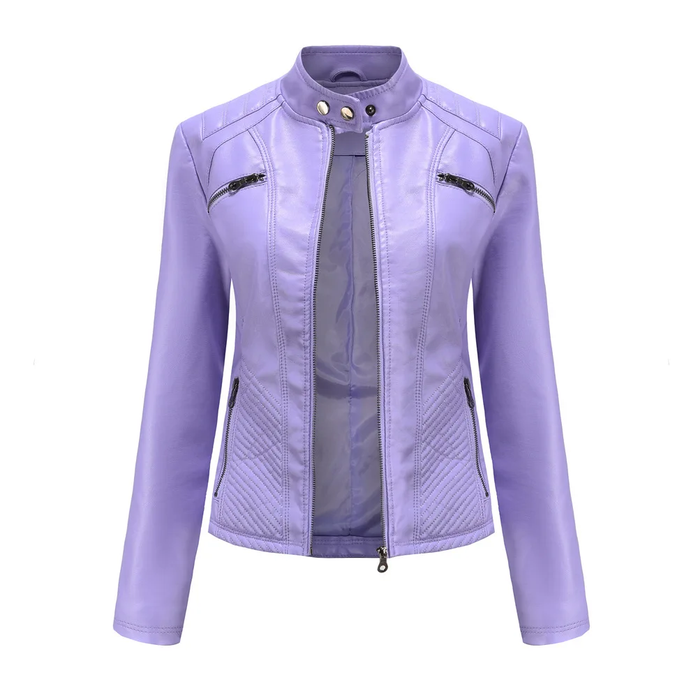 Chaqueta de cuero informal para mujer con cuello levantado, chaqueta con cremallera para motocicleta, corte ajustado, primavera y otoño, 2024