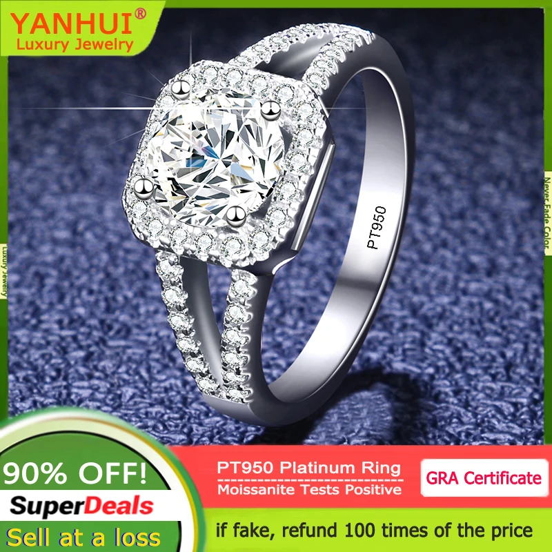 YANHUI 1ct Round D Color VVS1 Moissanite Ring PT950 Platinum Rings Moissanite Diamond Eternal Rings Wedding Jewelry for Women