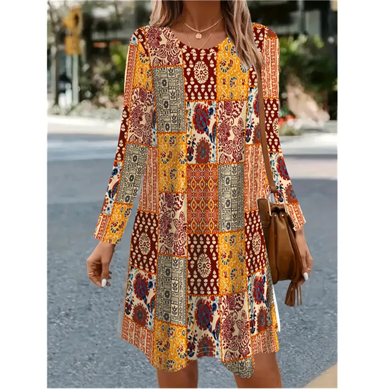 Women Long Sleeve O-Neck Casual Loose A-Line Dress Autumn New 3D Floral Printed Dress Vintage Elegant Lady Dress Vestidos De Muj